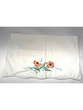 Hand-Embroidered Floral Pillowcase Cotton Orange & Cream Crochet Detail Vtg